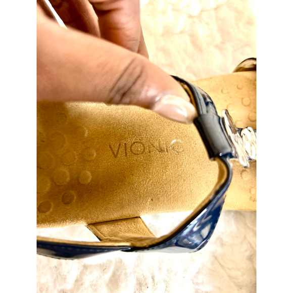 Vionic Farra Orthaheel Navy Patent Leather Sandals Women Size 8 - Picture 3 of 9